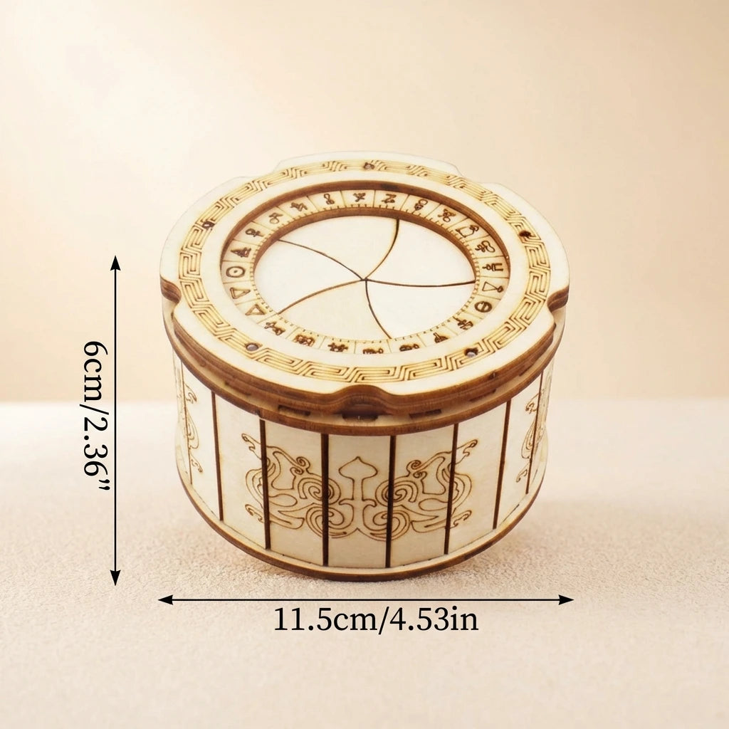 Puzzle 3D en bois thème Boite Secret à code, vue avec Dimensions, éclairage externe mettant en valeur la maquette, décoration