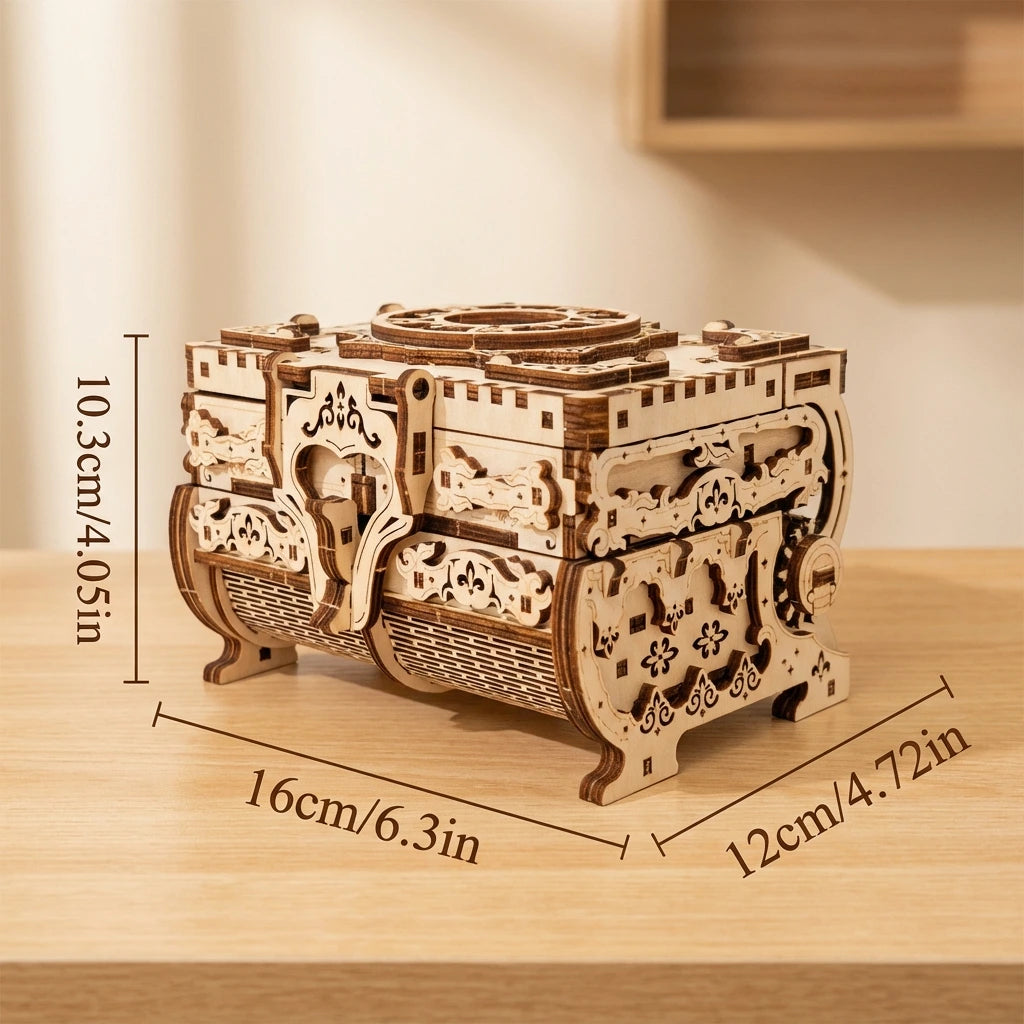 Puzzle 3D en bois thème Boîte à bijoux, vue avec Dimensions, éclairage externe mettant en valeur la maquette, décoration