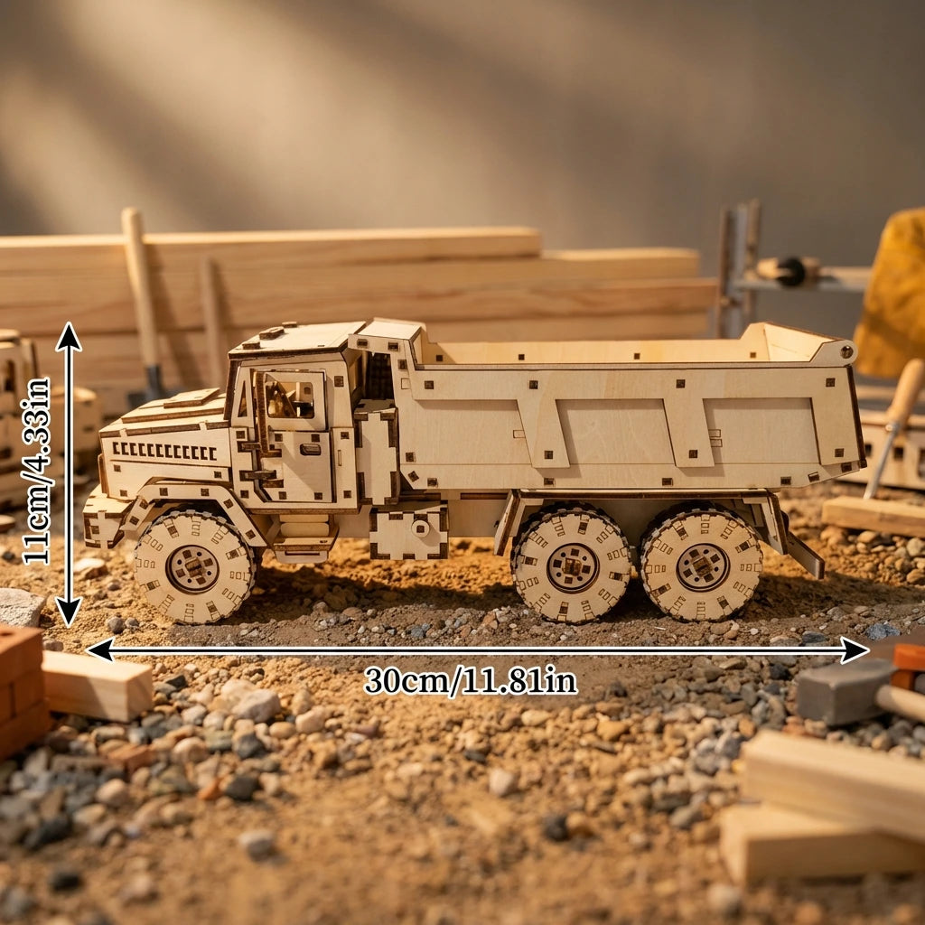 Puzzle 3D en bois thème Véhicule de chantier, vue avec Dimensions, éclairage externe mettant en valeur la maquette, décoration