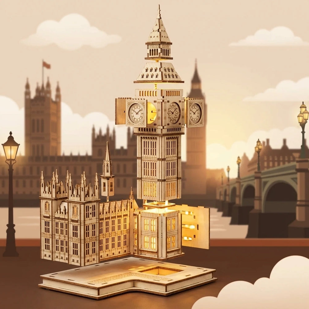 Vue éclatée de la tour de l'horloge Big Ben en bois montrant l'éclairage LED intérieur