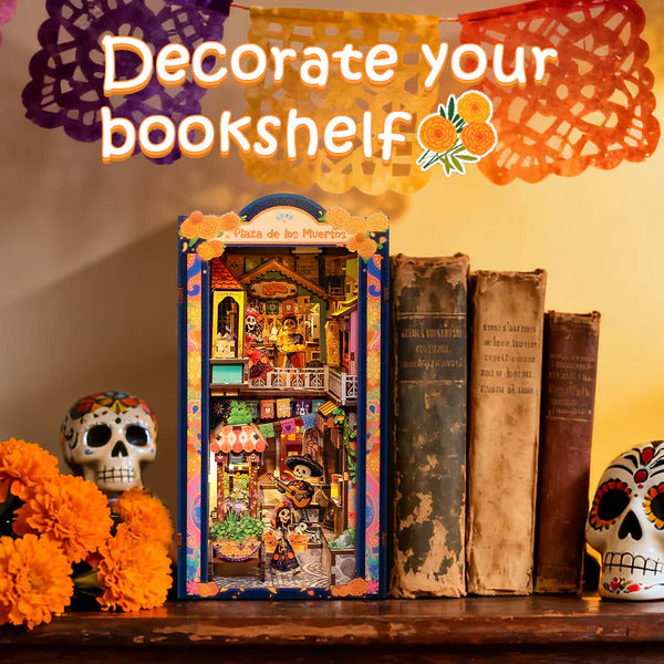 Book Nook Plaza de los Muertos glissé entre des livres anciens, décoration Jour des Morts