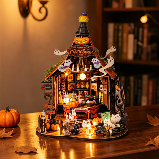 Haunted Candy House vue trois-quarts, maison miniature, panneau Good Witch et pierres tombales