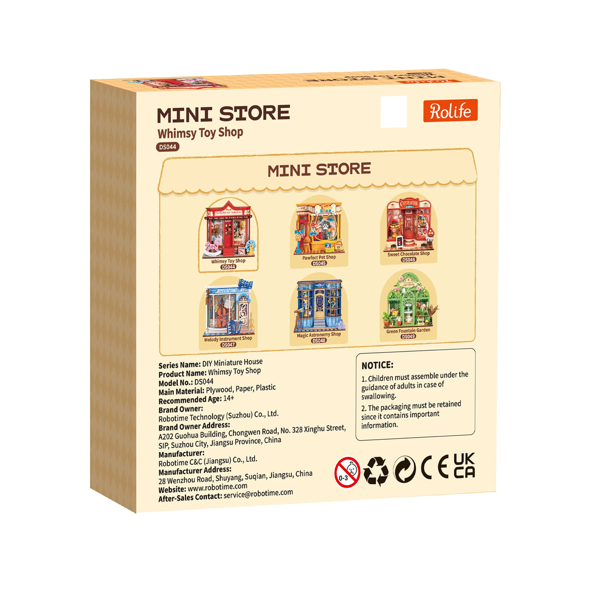 Dos de la boîte Rolife Mini Store Whimsy Toy Shop avec les six boutiques de la série
