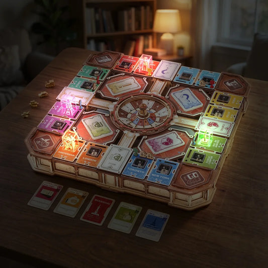 Plateau Fortune Quest le soir, monuments lumineux allumés dans leurs cubes