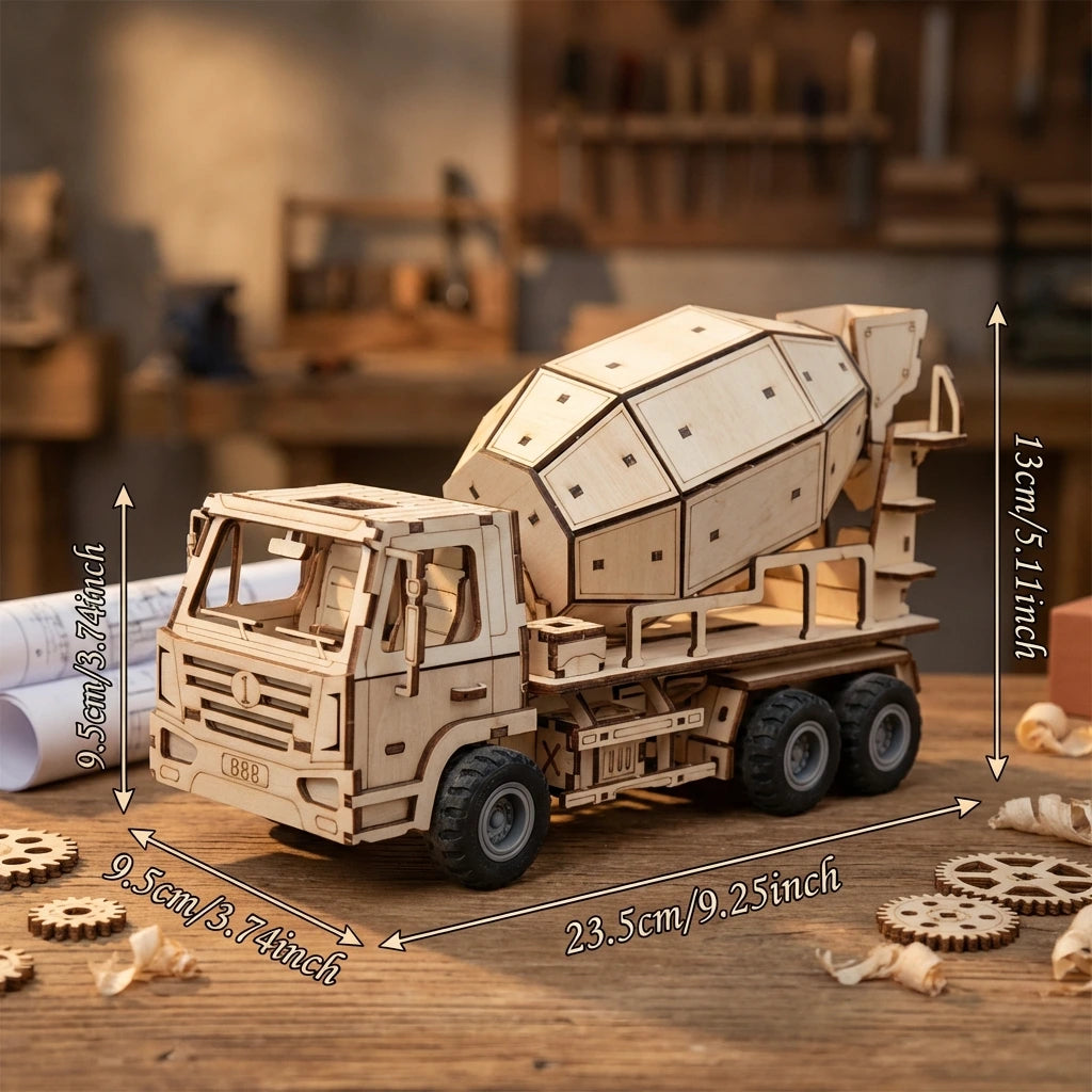 Puzzle 3D en bois thème Le Camion Bétonnière, vue avec Dimensions, éclairage externe mettant en valeur la maquette, décoration Nook-It