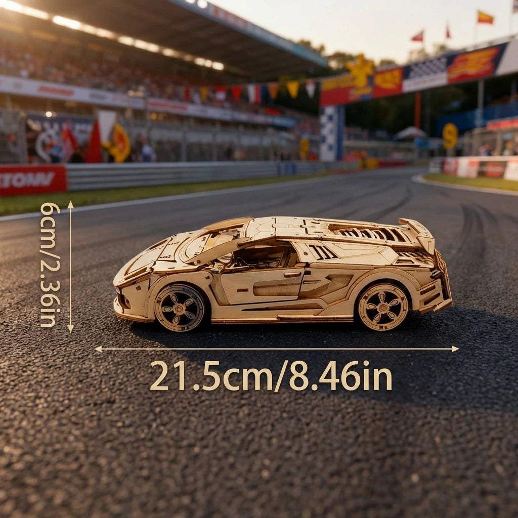 Puzzle 3D en bois thème L'Hypercar GT, vue avec Dimensions, éclairage externe mettant en valeur la maquette, décoration Nook-It