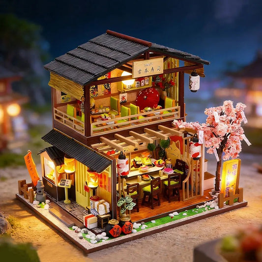 Restaurant Gibbon Sushi miniature en bois avec LED allumées la nuit, ambiance japonaise et lanternes