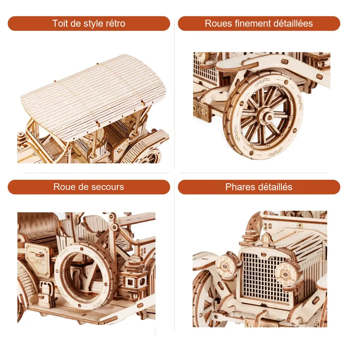 Détails du Roadster Rétro en bois : toit rétro, roues à rayons, roue de secours et phares