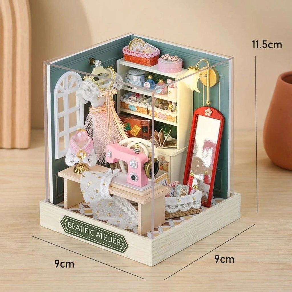 Scène Miniature – L'Atelier de Couture – DIY - Vue avec Dimensions - Maison Miniature