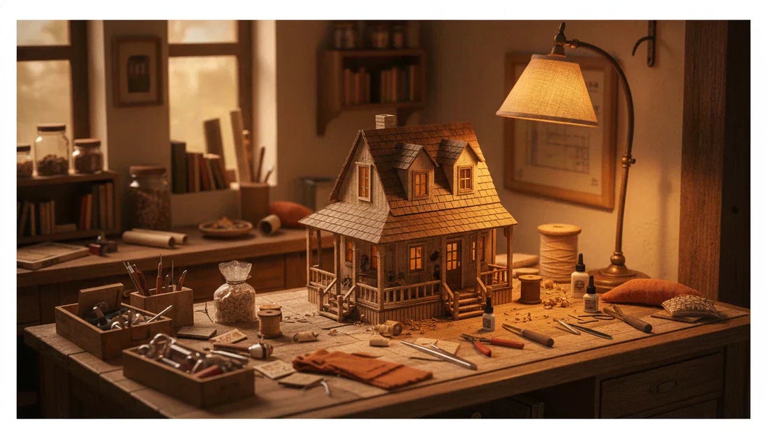 Mains assemblant avec soin une maison miniature DIY, montrant les bienfaits relaxants de la création miniature.