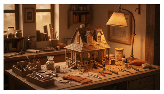 Mains assemblant avec soin une maison miniature DIY, montrant les bienfaits relaxants de la création miniature.