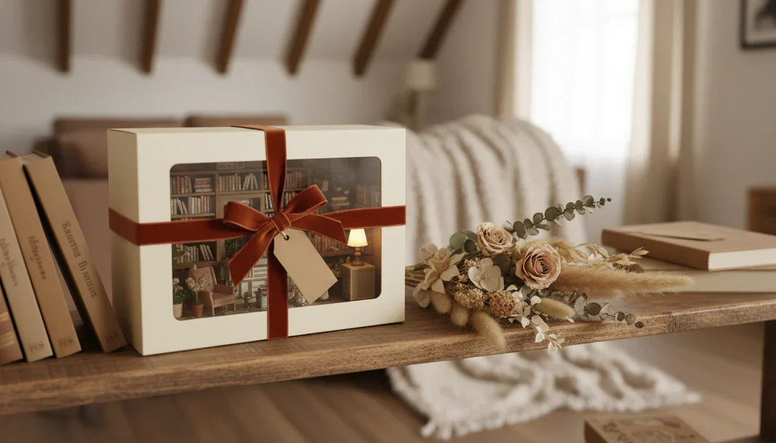 Assortiment de surprises pour un cadeau fête des mères original, présenté dans une jolie boîte avec un ruban rose.