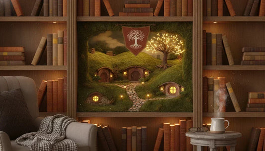 Magnifique book nook Seigneur des Anneaux illuminé entre des livres sur une étagère, représentant un décor de la Terre du Milieu.