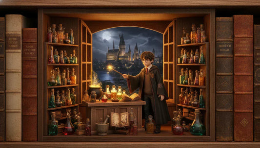 Magnifique book nook Harry Potter représentant Harry Potter en train de concocter des potions, placé entre deux livres sur une étagère.