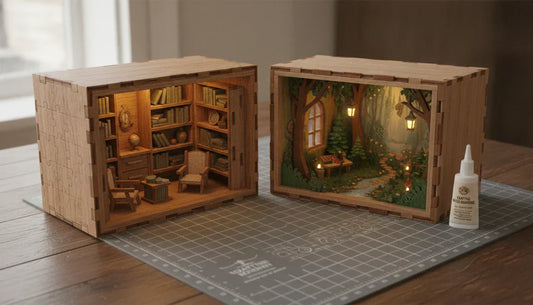 Superbe Book Nook DIY illuminé représentant une ruelle miniature, placé entre des livres sur une étagère de bibliothèque.