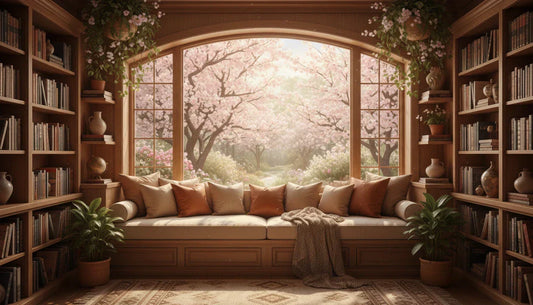 Détail d'une décoration bibliothèque originale mêlant livres, lumières douces, plantes et objets chaleureux sur une étagère.