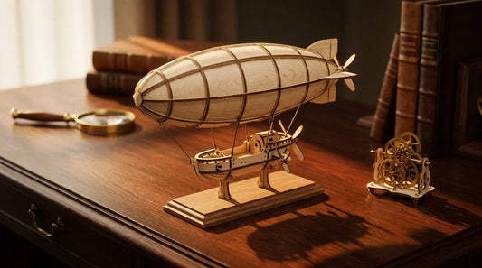 Puzzle 3D steampunk bois : dirigeable en bouleau découpé au laser et automate à engrenages sur un bureau en acajou, lumière ambrée.