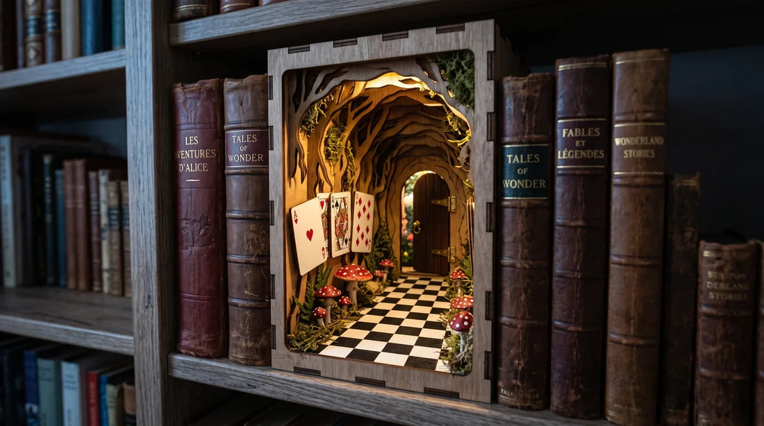 Book nook Alice in Wonderland entre des livres reliés sur une étagère : cartes à jouer, champignons rouges, sol en damier et petite porte de bois éclairée