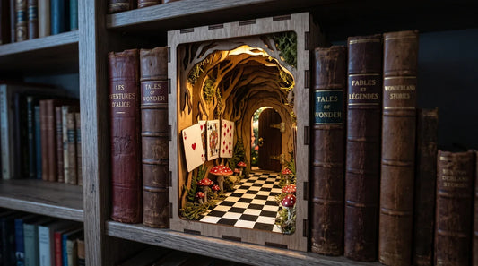 Book nook Alice in Wonderland entre des livres reliés sur une étagère : cartes à jouer, champignons rouges, sol en damier et petite porte de bois éclairée