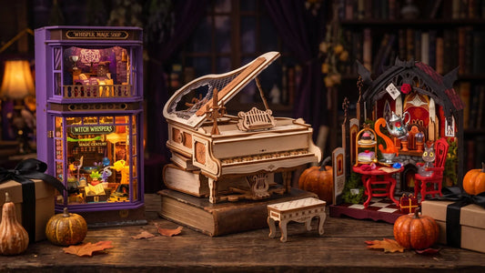 Cadeau Halloween adulte original, book nook Whisper Magic Shop allumé, puzzle 3D Piano Magique et maison miniature Rosa Salon avec potimarrons et paquets kraft
