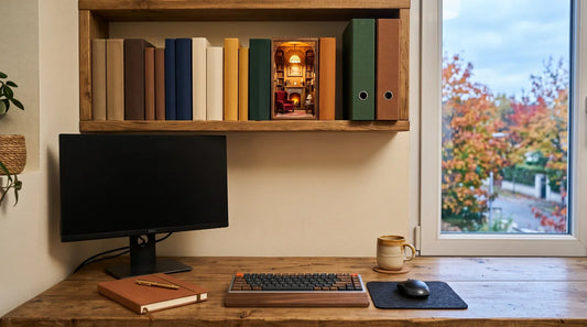 Décoration bureau rentrée : book nook en bois lumineux glissé entre des livres sur une étagère, au-dessus d’un bureau de télétravail en automne