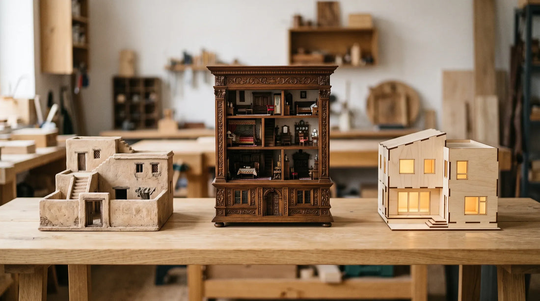 Histoire de la maison miniature : une maison d’âme égyptienne, un cabinet de poupée Renaissance et un kit contemporain en contreplaqué alignés sur un établi.