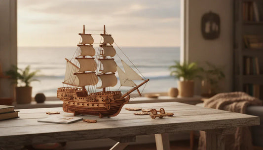 Image Maquette puzzle 3D d'un bateau voilier sur une table devant la mer au soleil couchant