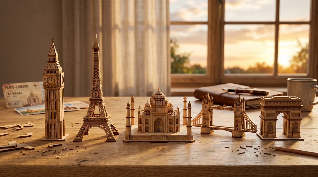 Puzzle 3D monuments du monde en bois, collection Big Ben, Tour Eiffel et Taj Mahal posée sur un bureau au coucher du soleil