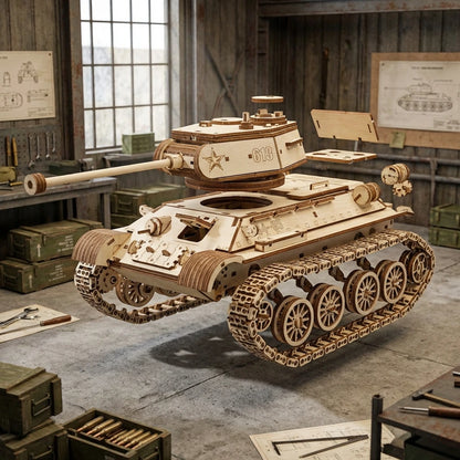 Puzzle 3D en bois thème Tank Militaire, vue Vue Éclatée, éclairage externe mettant en valeur la maquette, décoration Nook-It.