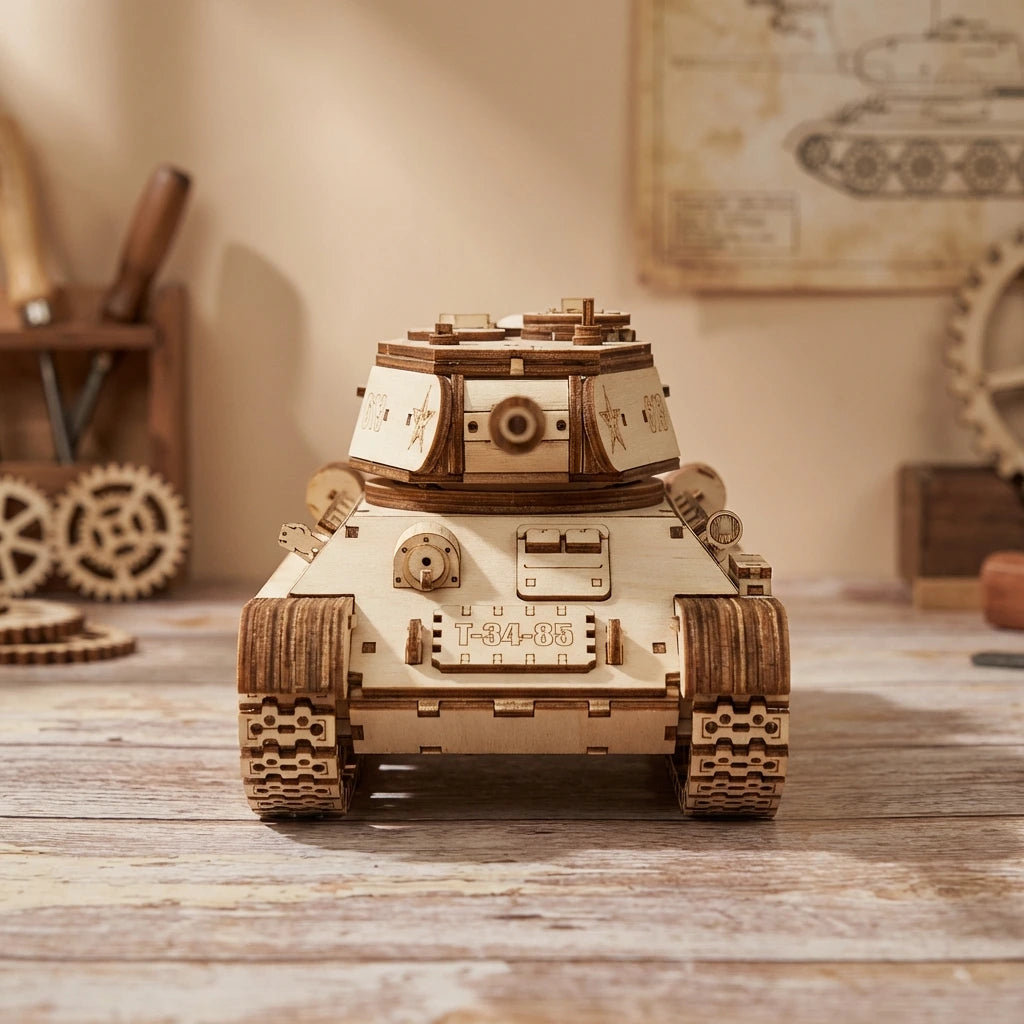 Puzzle 3D en bois thème Tank Militaire, vue Face, éclairage externe mettant en valeur la maquette, décoration Nook-It.