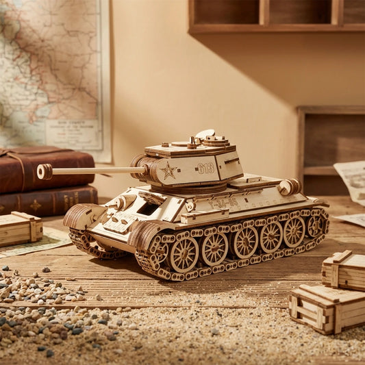 Puzzle 3D en bois thème Tank Militaire, vue Angle 45°, éclairage externe mettant en valeur la maquette, décoration Nook-It.