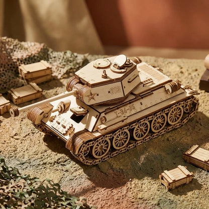 Puzzle 3D en bois thème Tank Militaire, vue Vue Plongeante, éclairage externe mettant en valeur la maquette, décoration Nook-It