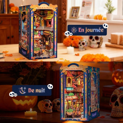 Comparaison jour et nuit du Book Nook Plaza de los Muertos avec éclairage LED intégré