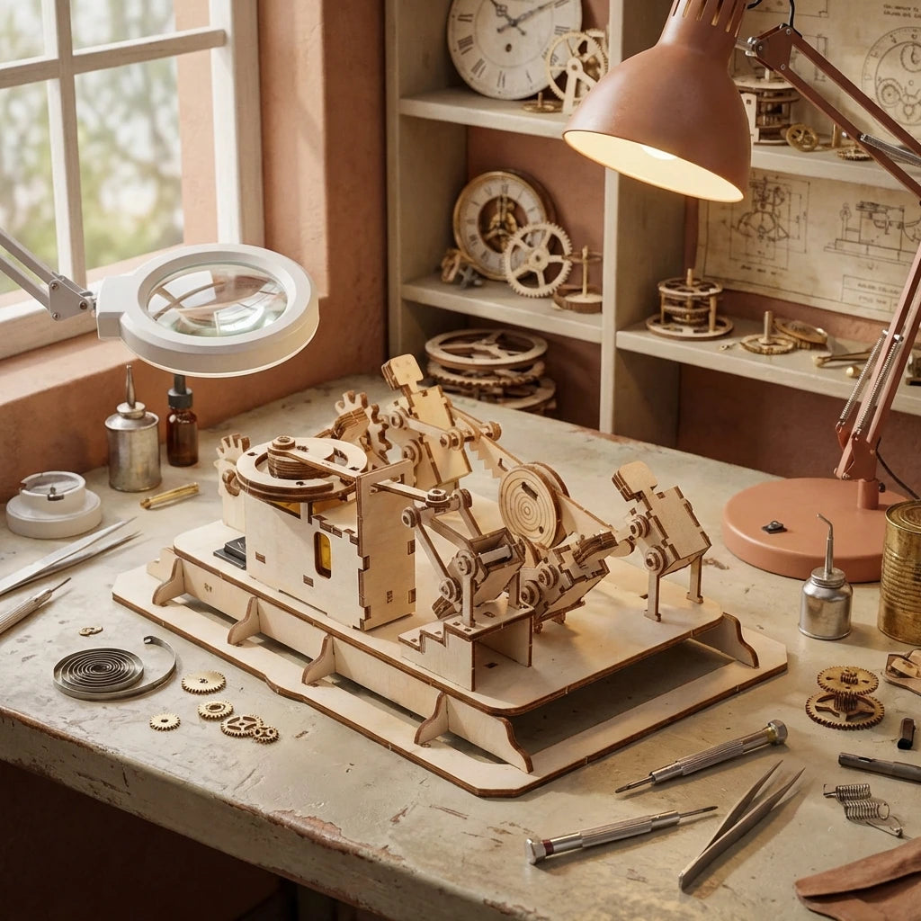 Puzzle 3D en bois thème Atelier bucheron mécanique, vue Vue Plongeante, éclairage externe mettant en valeur la maquette, décoration Nook-It