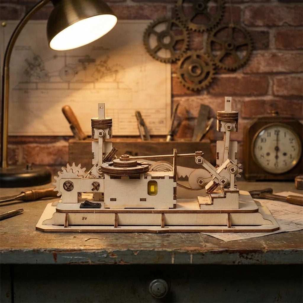 Puzzle 3D en bois thème Atelier bucheron mécanique, vue profile, éclairage externe mettant en valeur la maquette, décoration Nook-It.