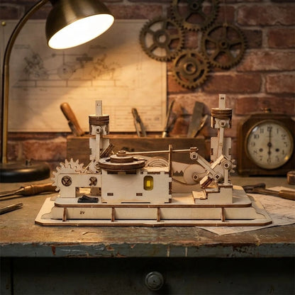 Puzzle 3D en bois thème Atelier bucheron mécanique, vue profile, éclairage externe mettant en valeur la maquette, décoration Nook-It.