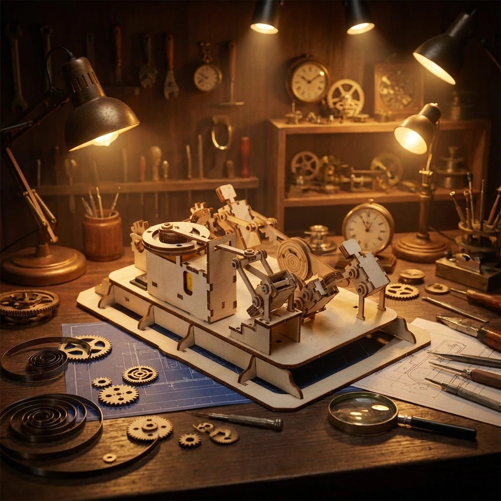 Puzzle 3D en bois thème Atelier mécanique, éclairage nuit externe mettant en valeur la maquette, décoration Nook-It.