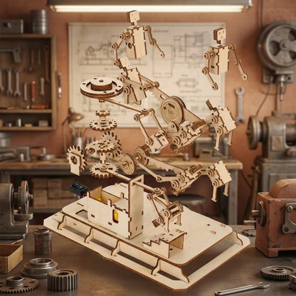 Puzzle 3D en bois thème Atelier mécanique, vue Vue Éclatée, éclairage externe mettant en valeur la maquette, décoration Nook-It.