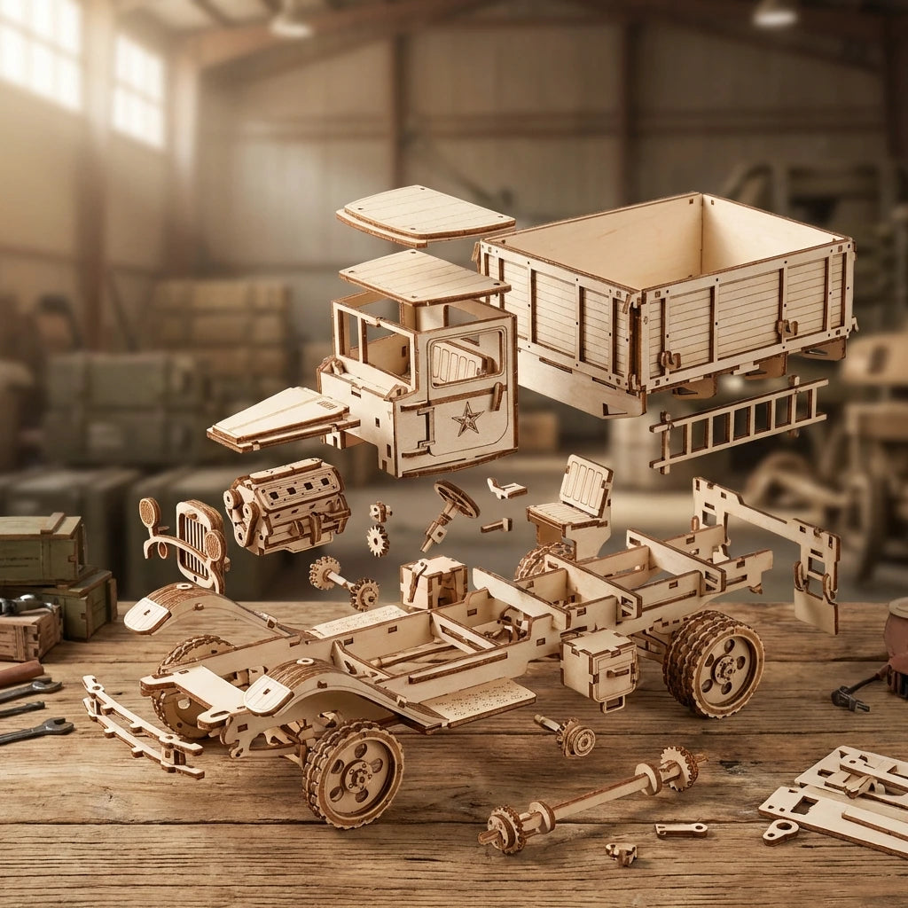 Puzzle 3D en bois thème Convoi Militaire, vue Vue Éclatée, éclairage externe mettant en valeur la maquette, décoration Nook-It