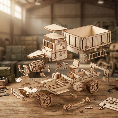 Puzzle 3D en bois thème Convoi Militaire, vue Vue Éclatée, éclairage externe mettant en valeur la maquette, décoration Nook-It