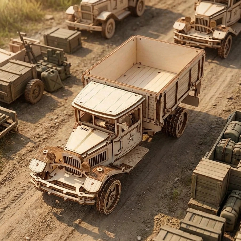 Puzzle 3D en bois thème Convoi Militaire, vue Vue Plongeante, éclairage externe mettant en valeur la maquette, décoration 