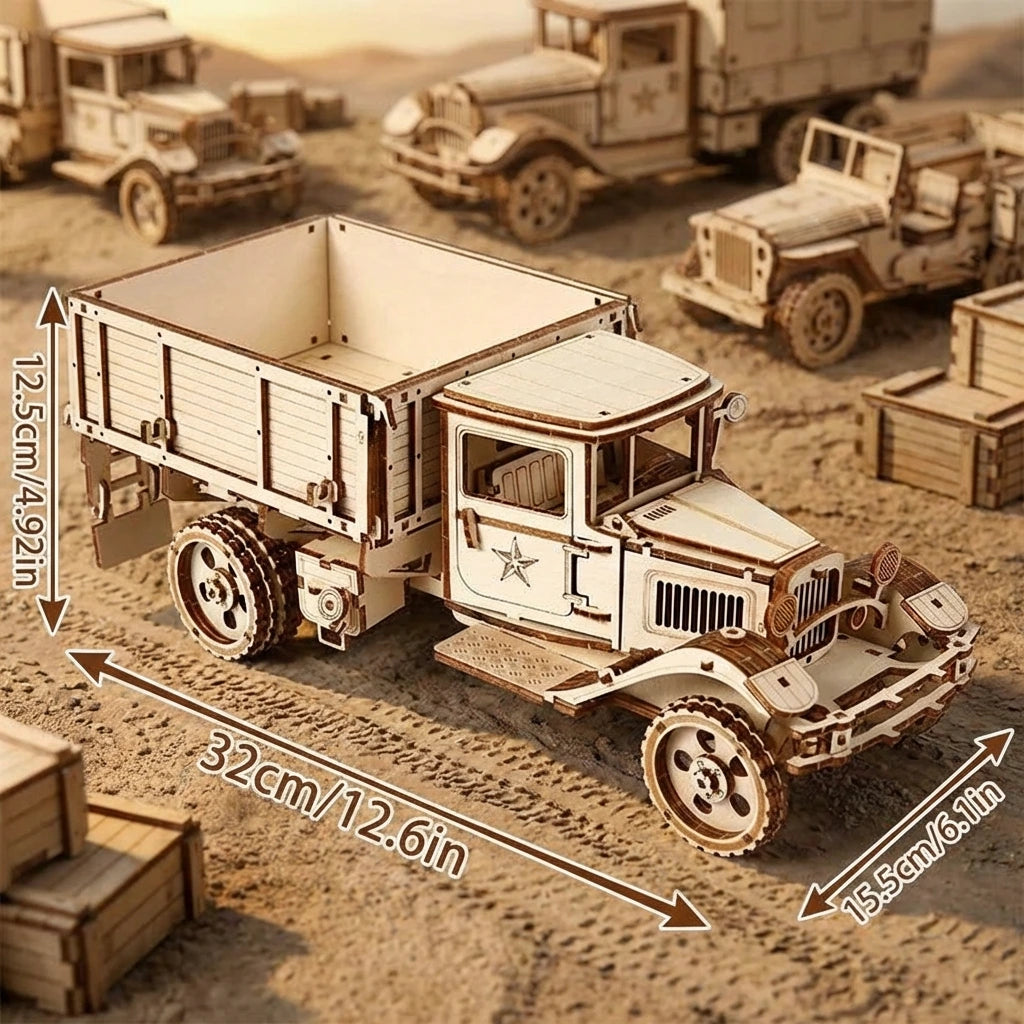Puzzle 3D en bois thème Convoi Militaire, vue avec Dimensions, éclairage externe mettant en valeur la maquette, décoration