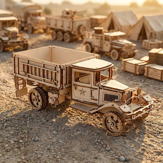 Puzzle 3D en bois thème Convoi Militaire, vue Angle 45°, éclairage externe mettant en valeur la maquette, décoration Nook-It.