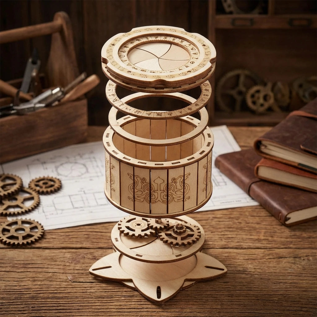 Puzzle 3D en bois thème Boite Secret à code, vue Éclatée, éclairage externe mettant en valeur la maquette, décoration Nook-It
