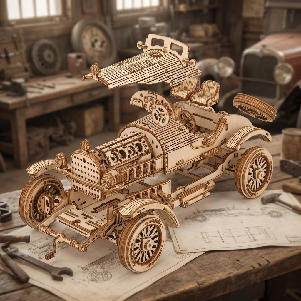 Puzzle 3D en bois thème Véhicules anciens, vue Éclatée, éclairage externe mettant en valeur la maquette, décoration Nook-It