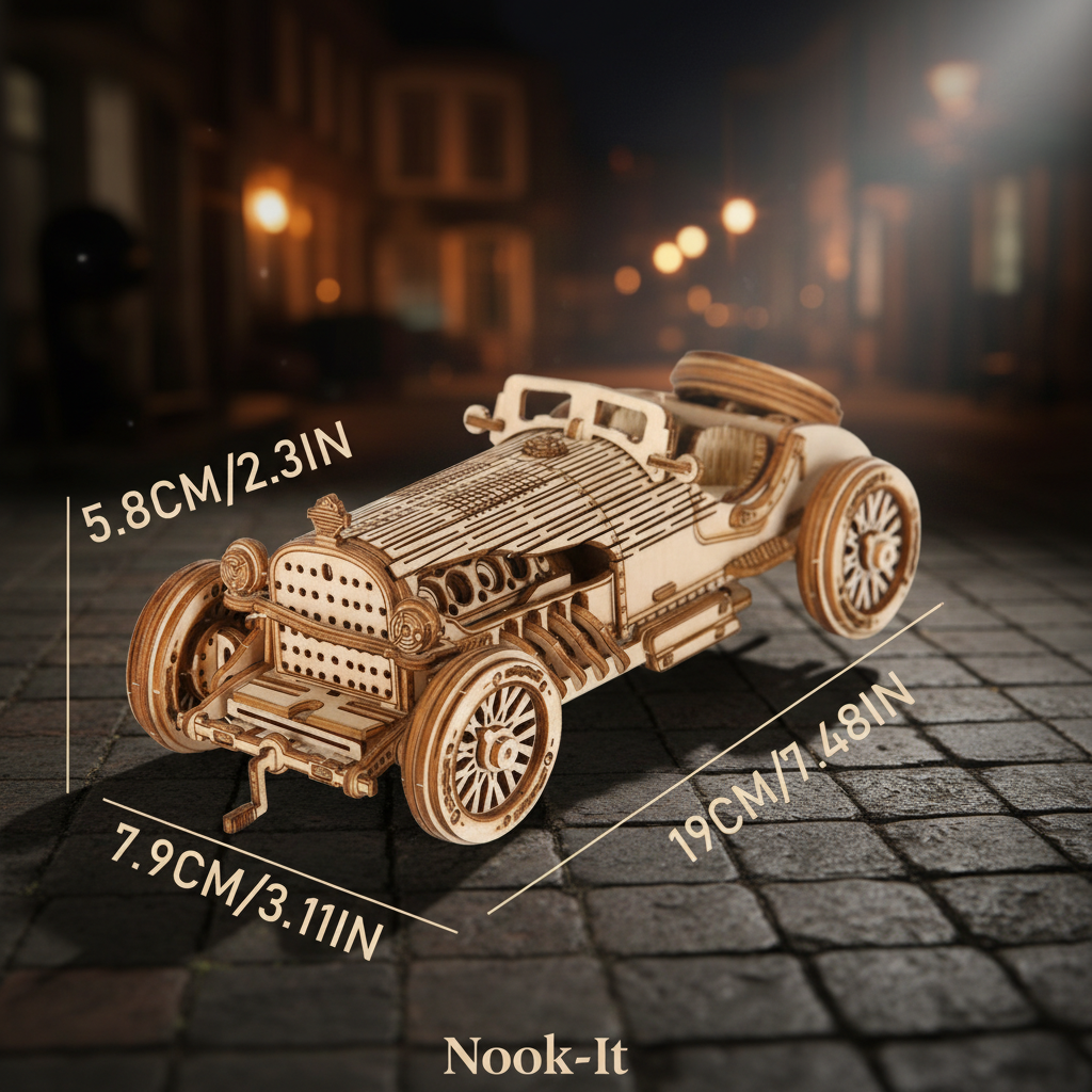 Puzzle 3D en bois thème Véhicules anciens, vue avec dimensions, éclairage externe mettant en valeur la maquette, décoration Nook-it