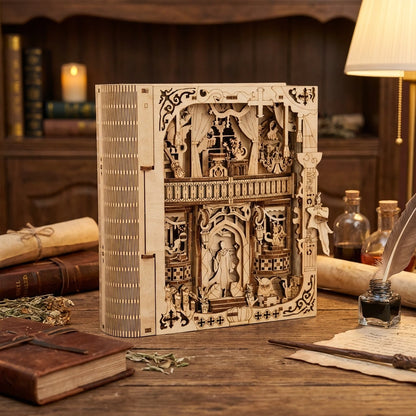 Puzzle 3D en bois thème Coffre à grimoire de sorcier, vue Face, éclairage externe mettant en valeur la maquette, décoration Nook-It