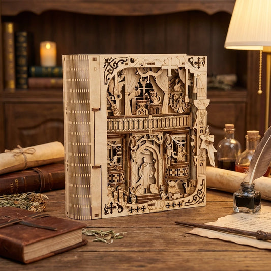 Puzzle 3D en bois thème Coffre à grimoire de sorcier, vue Face, éclairage externe mettant en valeur la maquette, décoration Nook-It