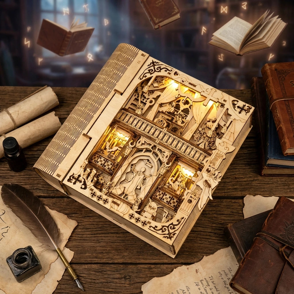 Puzzle 3D en bois thème Coffre à grimoire de sorcier, vue Vue Plongeante, éclairage externe mettant en valeur la maquette