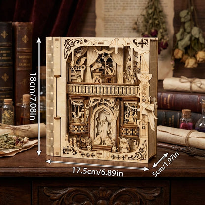Puzzle 3D en bois thème Coffre à grimoire de sorcier, vue Vue avec Dimensions, mettant en valeur la maquette